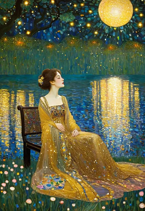 painting of a woman sitting by  sparkling lake beautiful luminous ultra detailed magical sparkling night stars gustav klimt and ...