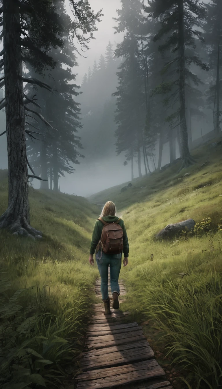 1 personJourney、Quiet place、fog、Mountain、Grass、forest、wood、dark、Lonely、Journey、countryside、Fresh、wander、生い茂るGrasswood、Walking back view、1 person、detailed、distinct、high quality、high resolution、