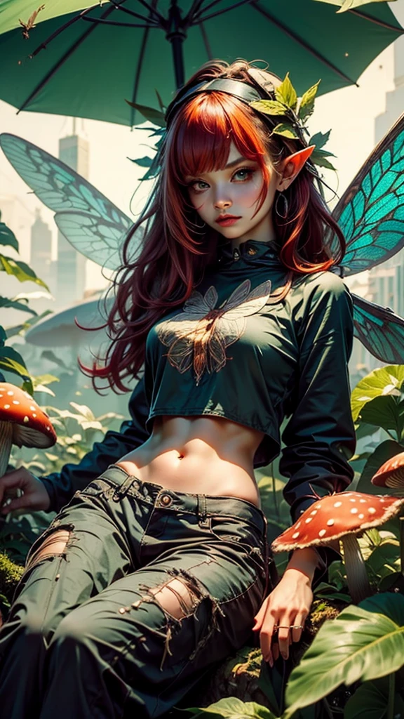 Faery with ((Insect wings)) that looks Verry Cute, sitting on Mushroom ,green under clothes, bare midriff, Holding A Big Leave as Umbrella