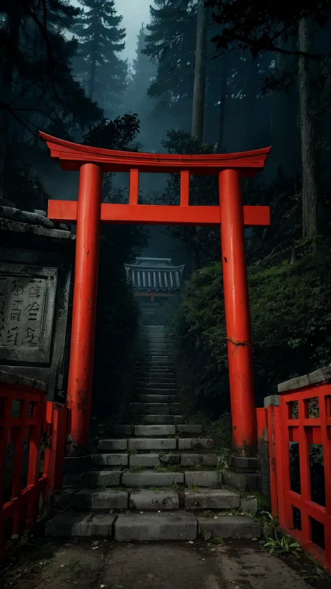 A creepy horror video of a broken vermilion torii gate, countless broken gravestones, and a dark, smelly atmosphere.
