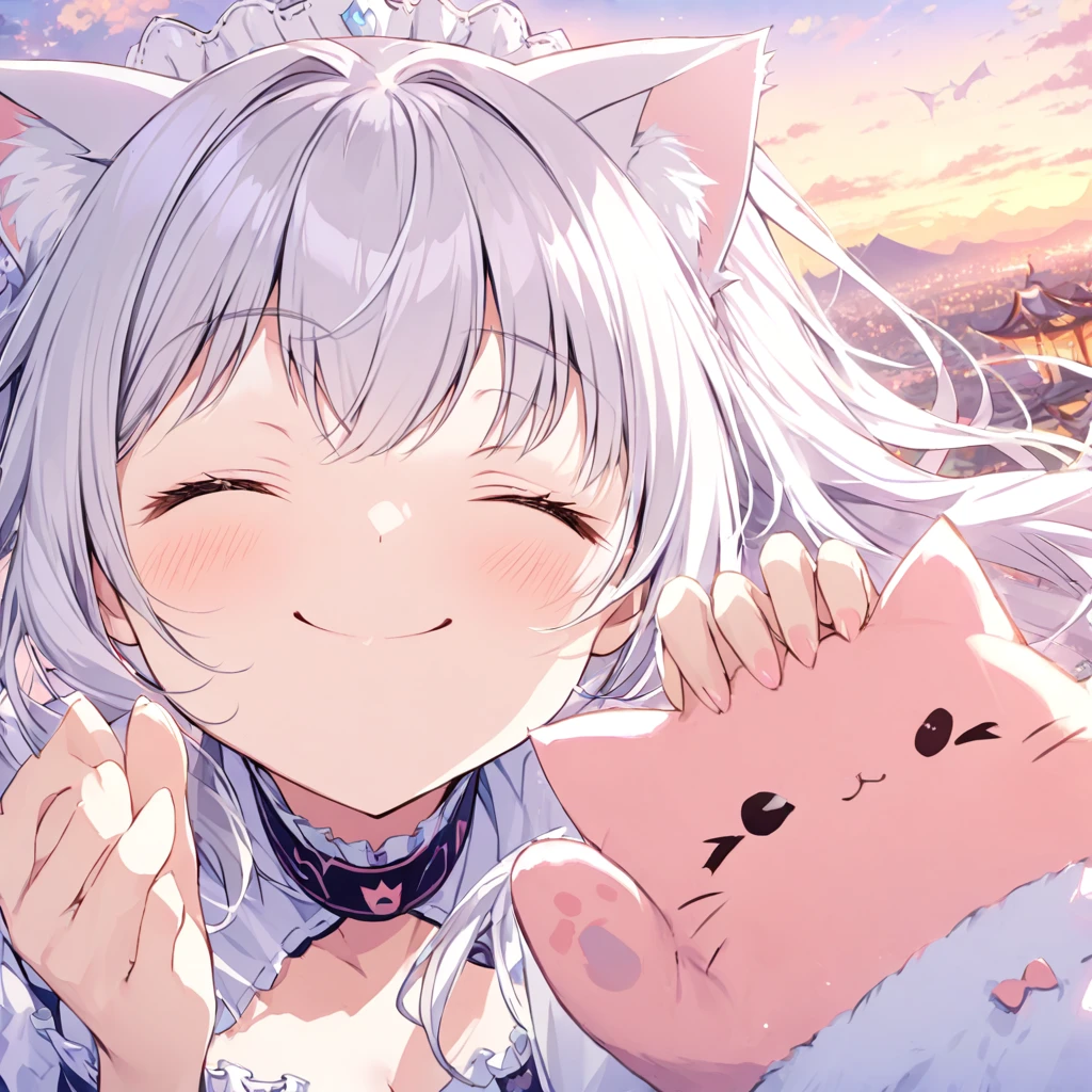 face close-up,cat pose,(((perfect hand))),(Smiling with eyes closed),Spectacular Background,mishiro