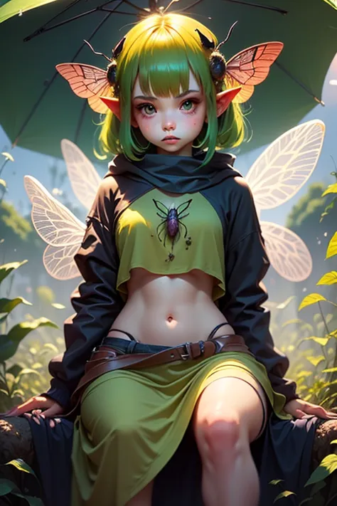 faery with ((insect wings)) that looks verry cute, sitting on mushroom ,green under clothes, bare midriff, holding a big leave a...