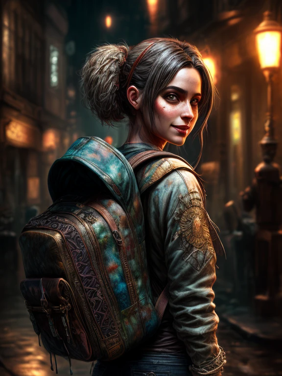 a young woman, street smiling, backpack, ponytails, epic realistic, photo, faded, complex stuff around, intricate background, soaking wet, neutral colors, ((((hdr) ))), ((((muted colors) ))), intricate scene, artstation, intricate details, vignette, ((intricate details) ), hdr, ((intricate details, hyperdetailed) ), (dark shot:1.17) , epic realistic, faded, ((neutral colors) ), art, (hdr:1.5) , (muted colors:1.2) , hyperdetailed, (artstation:1.5) , cinematic, warm lights, dramatic light, (intricate details:1.1) , complex background, (rutkowski:0.8) , (teal and orange:0.4)