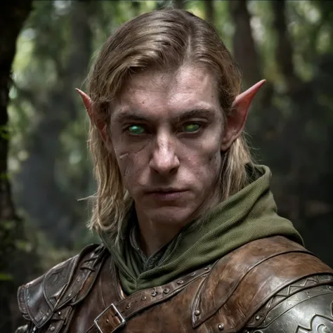 (masterpiece)+, (extremely (realistic)+,a portrait of an extremely ugly young male elf ranger, green alien sectoid eyes, Wearing...
