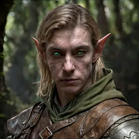 (masterpiece)+, (extremely (realistic)+,a portrait of an extremely ugly young male elf ranger, green alien sectoid eyes, wearing...