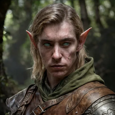 (masterpiece)+, (extremely (realistic)+,a portrait of an extremely ugly young male elf ranger, green alien sectoid eyes, Wearing...