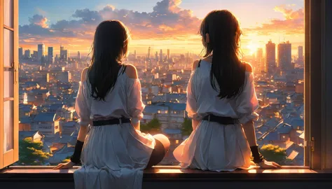 anime girl sitting on a window sill looking out at a city, 4k anime wallpaper, Watching the sunset. anime, anime art wallpaper 4...