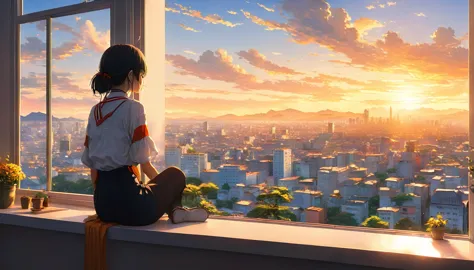 anime girl sitting on a window sill looking out at a city, 4k anime wallpaper, Watching the sunset. anime, anime art wallpaper 4...