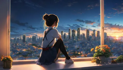 anime girl sitting on a window sill looking out at a city, 4k anime wallpaper, Watching the sunset. anime, anime art wallpaper 4...