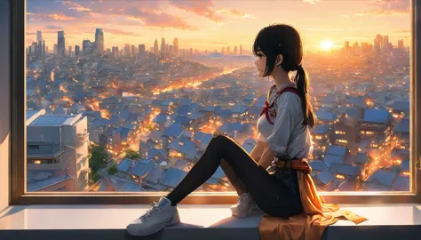 anime girl sitting on a window sill looking out at a city, 4k anime wallpaper, Watching the sunset. anime, anime art wallpaper 4...