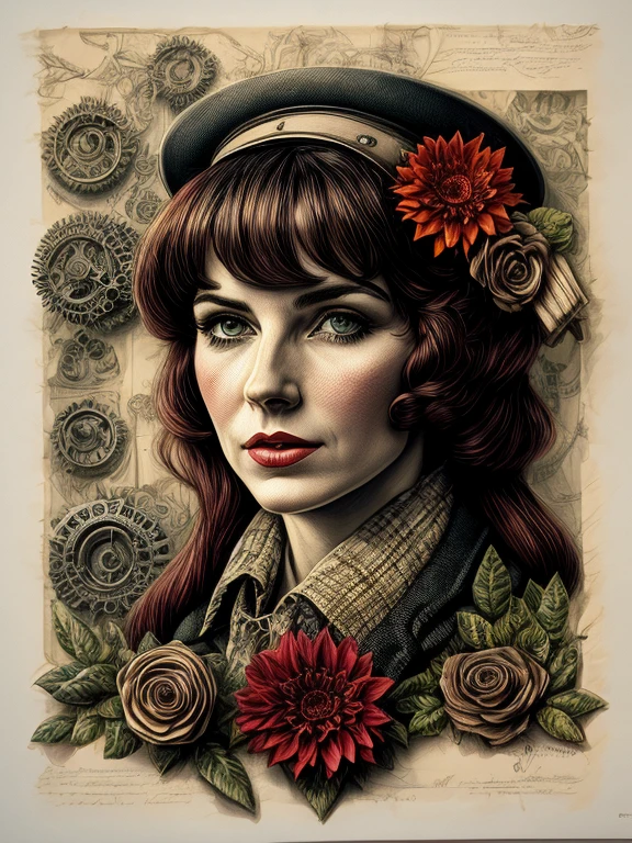 Charlie Bower realistic lithographic sketch of a portrait of a woman, flowers, [gears], pipes, dieselpunk, colorful ribbons, old paper texture, very detailed