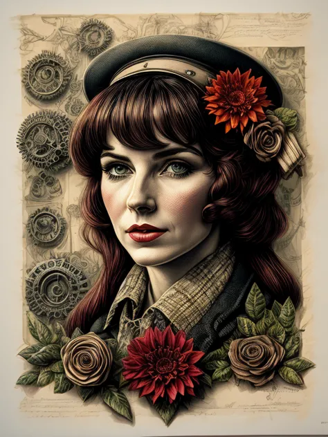 Charlie Bower realistic lithographic sketch of a portrait of a woman, flowers, [gears], pipes, dieselpunk, colorful ribbons, old...