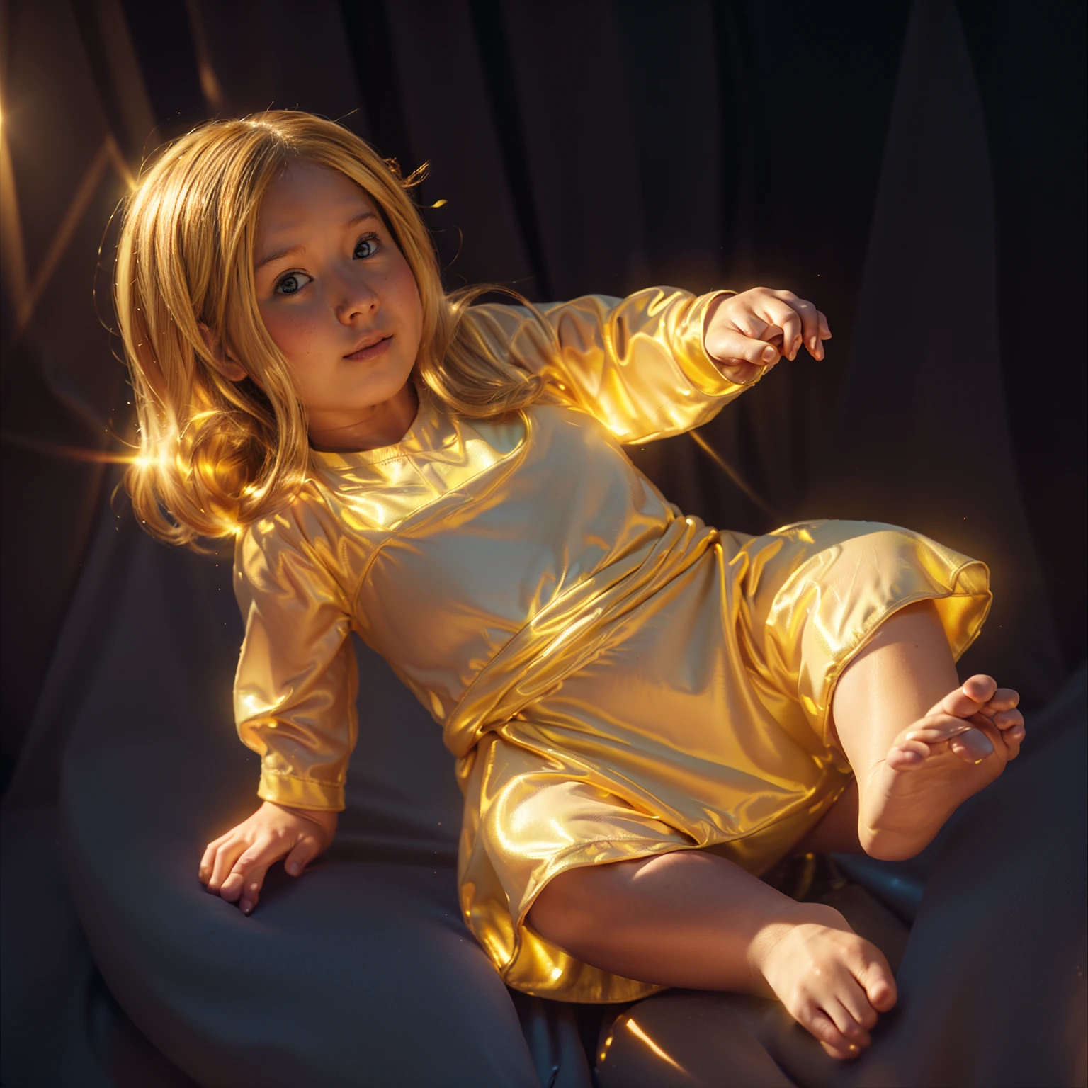 The image shows a 3D animated character, a baby girl with blonde hair, wearing a yellow dress and a red skirt, sitting on the floor, smooth 3d model, glossy plastic texture, multiple light sources, rim light, sharp post effects render, most beautiful vfx, , realistic, 4k, high resolution, rim light, smooth 3d model. , glossy texture, smooth 3d model, multiple light sources, rim light, sharp post effects render, (glossy plastic texture with multiple big light probe refractions), perfect cgi, reflective, best quality, 4k, masterpiece:1.2, ultra-detailed, realistic, vivid colors, The image of the highest quality, ensuring every detail showcased perfectly. It in 4k resolution, allowing viewers to immerse themselves in the richness of the colors and intricate details. The realistic rendering. under the spotlight, reflecting, high-resolution image, realistic rendering