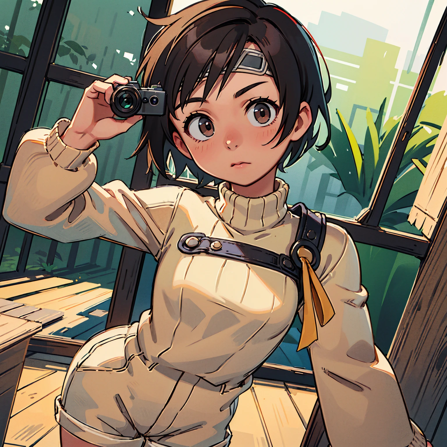 8K quality,(super masterpiece:1.3),Highest quality,Detailed Images,The real picture,Natural lighting,symmetrical beauty,1 female,Yuffie Kisaragi,Hairstyle(short hair),clothing(head band,turtleneck,No sleeve,Shorts),(very cute:1.3),(Face directly towards the camera,Looking directly at the viewer,looking at the camera,The body faces the viewer,The body is facing the direction of the camera,Face looking straight into the camera).