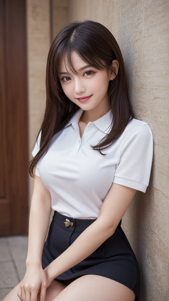 (One woman), Great face and eyes, blue eyes, Captivating smile, (Stunningly beautiful woman), (Highest quality:1.4), (Very detailedな), (Very detailed CG 統合 8k 壁紙), Very detailed, High-quality RAW color photos, Professional photography, Written boundary depth、Sexy pose、Luxury、(((Big Breasts、Reality)))、(((Polo shirt)))、mini skirt、Beautiful feet、height: 170cm、Slender beauty,(Beautiful limbs,Beautiful fingers:1.5)