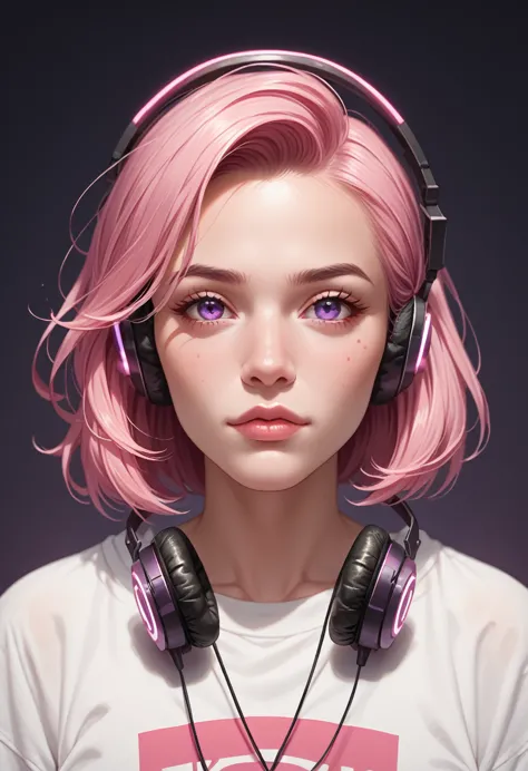 in the image, we see a young woman with vibrant pink hair wearing headphones. she has a confident expression on her face and app...