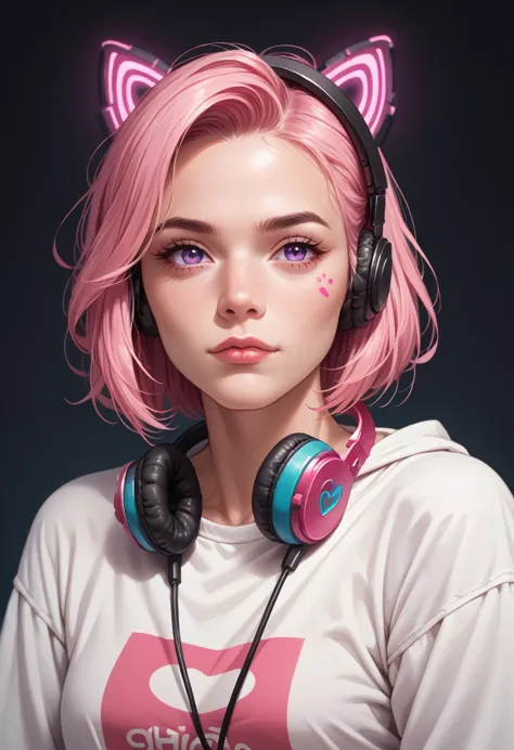 in the image, we see a young woman with vibrant pink hair wearing headphones. she has a confident expression on her face and app...