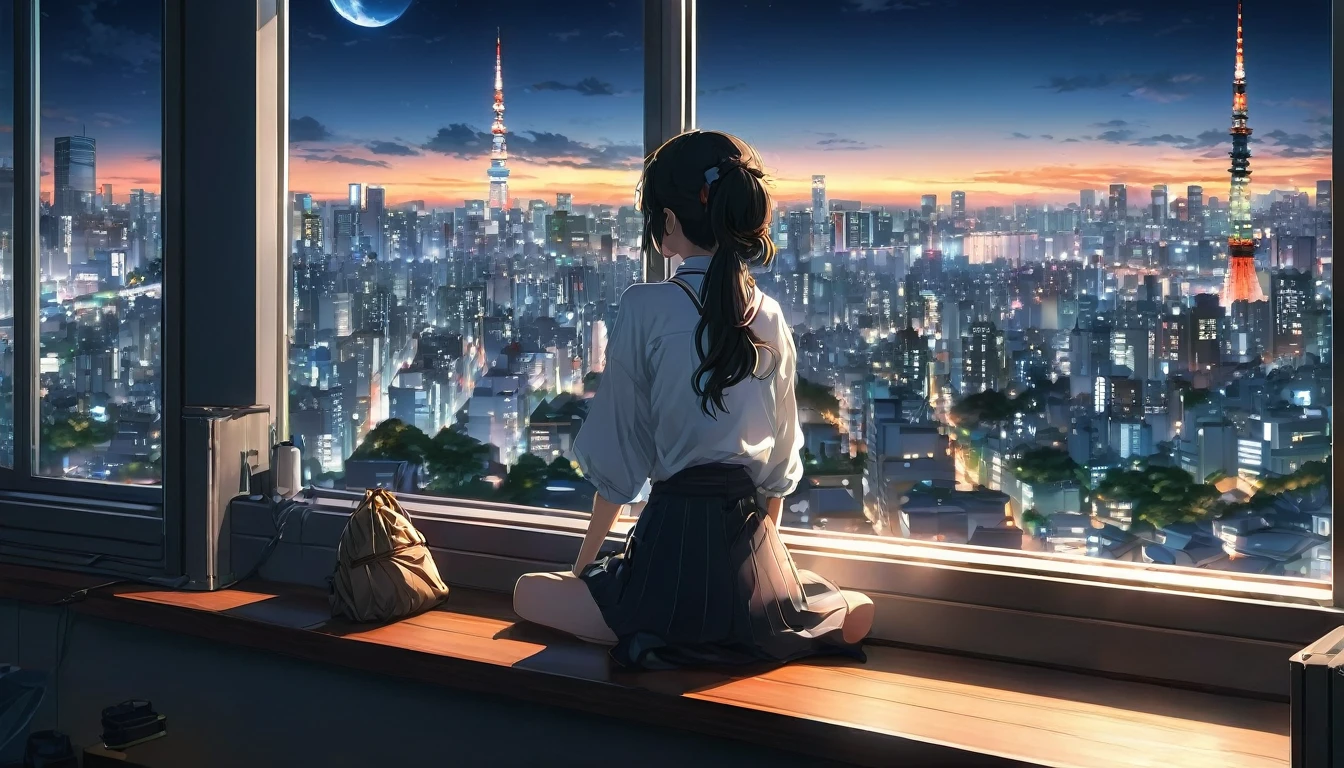 anime girl sitting on a window sill looking out at a city, 4k anime wallpaper, View of Tokyo buildings at night、. anime, anime art wallpaper 4k, anime art wallpaper 4 k, anime art wallpaper 8 k, anime wallpaper 4k, anime wallpaper 4 k, 4K Manga Wallpapers, anime background, anime style 4 k, beautiful anime scene, anime background art