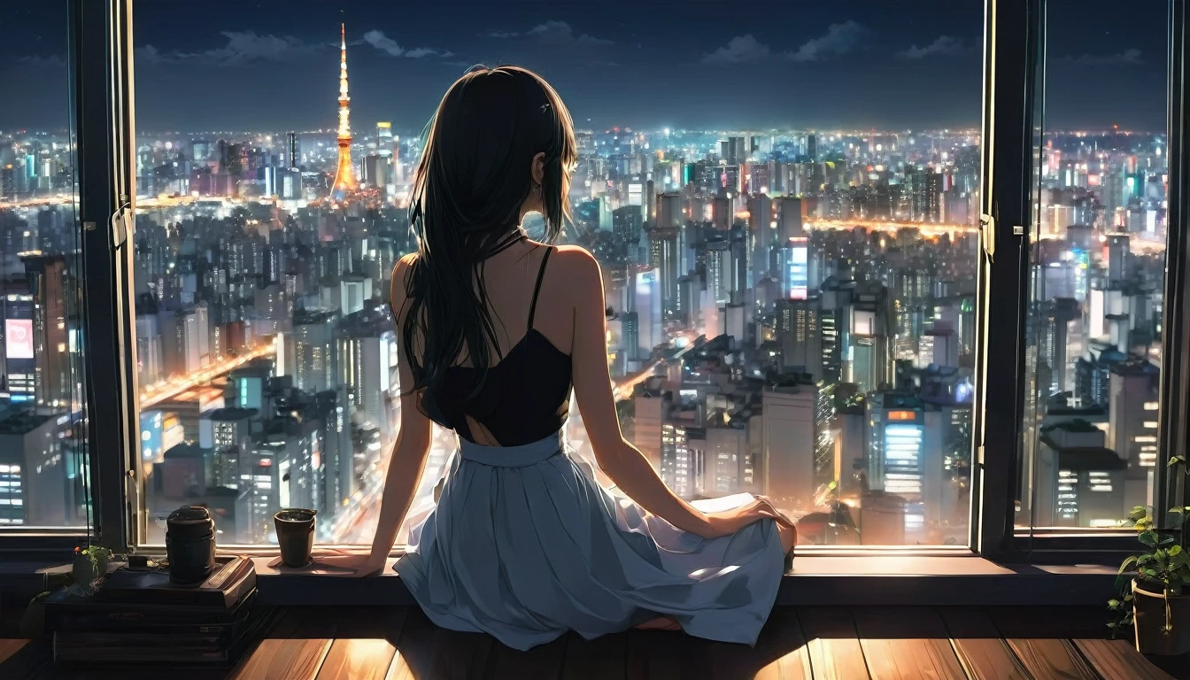 anime girl sitting on a window sill looking out at a city, 4k anime wallpaper, View of Tokyo buildings at night、. anime, anime art wallpaper 4k, anime art wallpaper 4 k, anime art wallpaper 8 k, anime wallpaper 4k, anime wallpaper 4 k, 4K Manga Wallpapers, anime background, anime style 4 k, beautiful anime scene, anime background art