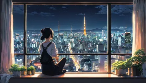 anime girl sitting on a window sill looking out at a city, 4k anime wallpaper, View of Tokyo buildings at night、. anime, anime a...