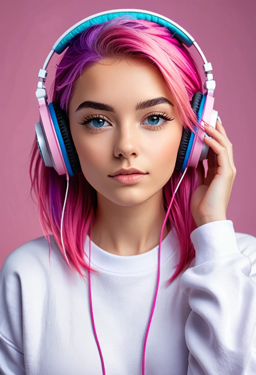 Dans l&#39;image, nous voyons une jeune femme aux cheveux rose vif portant des écouteurs. Elle a une expression confiante sur son visage et semble aimer écouter de la musique.. Les écouteurs sont sur ses oreilles, et elle porte un sweat-shirt blanc. L'âge de la femme est estimé à environ 2, et elle est identifiée comme étant une femme. Les couleurs de l&#39;image incluent des nuances de rose, violet, et bleu. L&#39;accent est mis sur le visage et les cheveux de la femme., mettant en valeur son style et sa personnalité uniques.