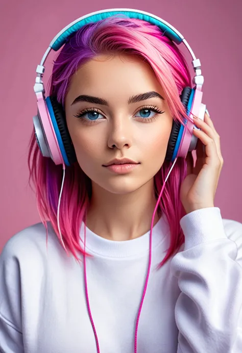 In the image, we see a young woman with vibrant pink hair wearing headphones. She has a confident expression on her face and app...