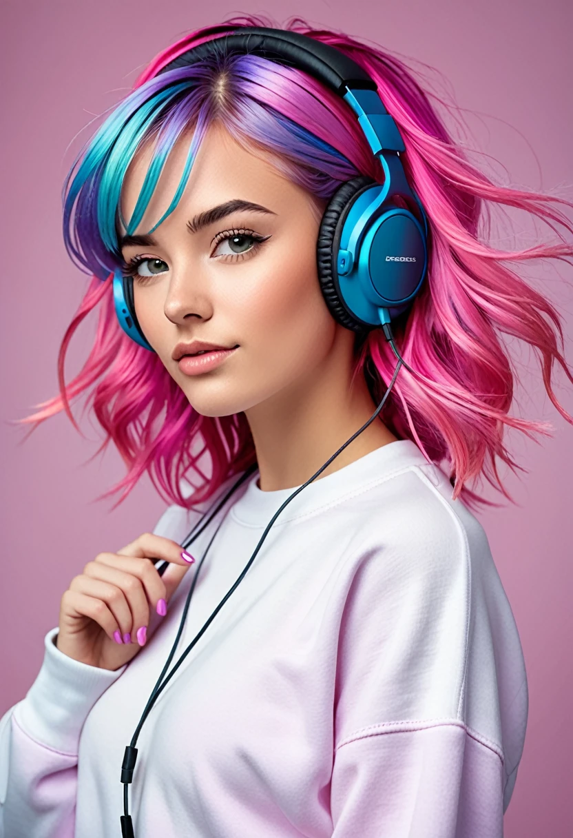 en la imagen, vemos a una joven con cabello rosa vibrante con auriculares. Tiene una expresión segura en su rostro y parece disfrutar escuchando música. Los auriculares están sobre sus oídos, y lleva una sudadera blanca. Se estima que la edad de la mujer es de alrededor de 2 años., y ella está identificada como mujer. Los colores de la imagen incluyen tonos de rosa, púrpura, y azul. El enfoque está en la cara y el cabello de la mujer, mostrando su estilo y personalidad únicos.