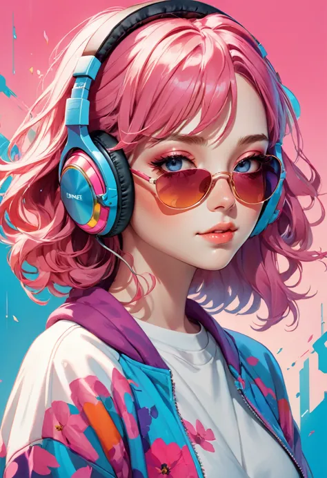 in the image, we see a young woman with vibrant pink hair wearing headphones. she has a confident expression on her face and app...