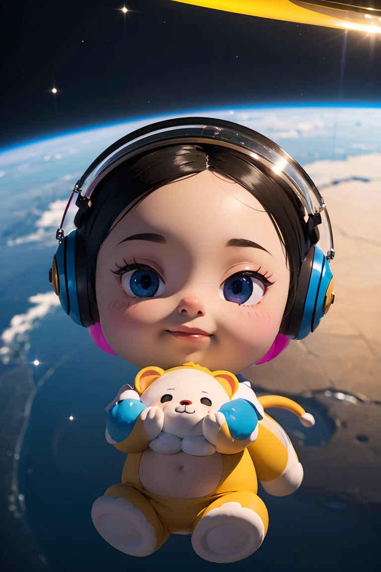 Chibi adorable mono de peluche flotando en el espacio, usando un casco de cristal, malhumorado, granoso, ruidoso, Arte conceptual, por Alberto Seveso, Cyril Rolando, y mumford, Arte visual significativo, Pintura detallada, Ilustración digital, Motor irreal 5, maximalista de 32k, arte de fantasía hiperdetallado, arte digital 3d, enfoque nítido, obra maestra, arte fino