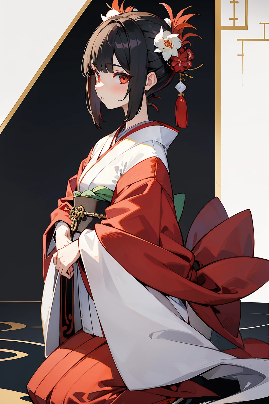 (1. femelle), seulement, seulement, portrait corps entier, Kimono japonais, amaryllis, Enfer&#39;une fleur，Enferfire，fond blanc, L&#39;art détaillé de l&#39;Onmyoji, Style d&#39;art oriental traditionnel, Beau style de peinture, Le style, chef-d&#39;œuvre, qualité supérieure, la plus haute qualité, Ultra haute résolution