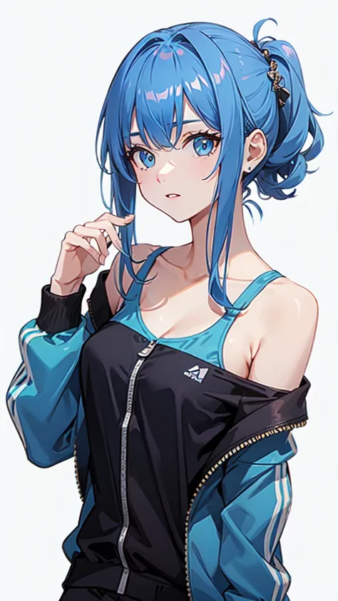 Off-the-shoulder attire，looks into camera，The upper part of the body，blue color hair，cleavage，track suit，sport