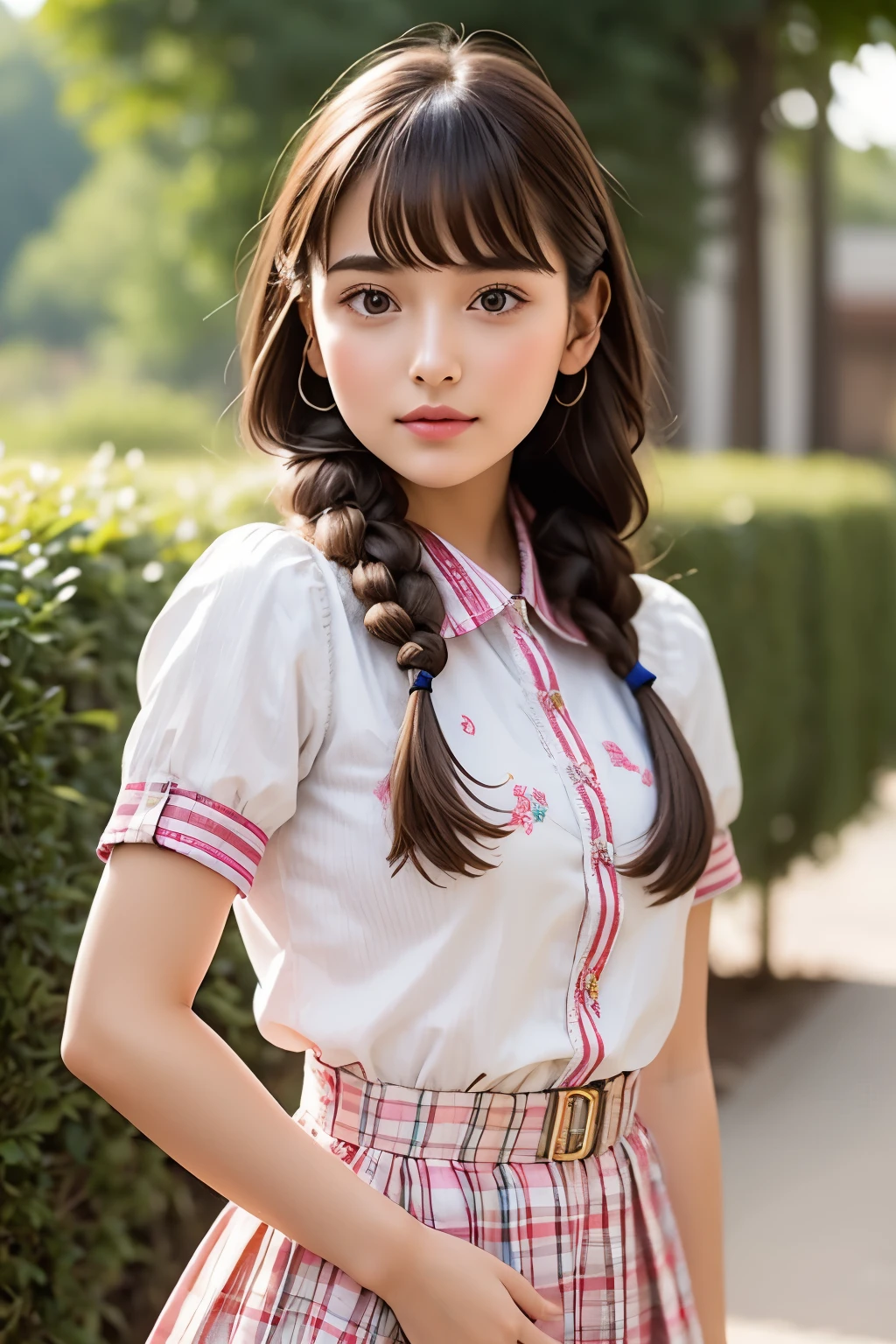A breathtakingly beautiful and very young girl, exuding an air of innocence and charm. She is dressed in a collared shirt, adorned with checkered stripes, and a short skirt, part of a stunning  ensemble. Her bangs gracefully frame her face, while twin braids cascade down her back, adding a touch of whimsy to her overall appearance. The girl's intricate and delicate linework, as well as her fine details, are a testament to the insane amount of attention given to every aspect of her illustration. Her iridescent brown hair is vividly colored and meticulously crafted, with whimsical patterns and enchanting scenes intertwined throughout.