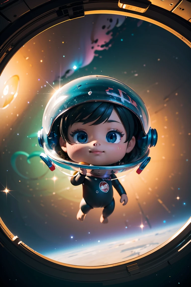 Chibi adorable cuddly monkey floating in space, wearing a glass helmet, moody, grainy, noisy, concept art, by Alberto Seveso, Cyril Rolando, Dan Mumford, Meaningful Visual Art, Detailed Painting, Digital Illustration, Unreal Engine 5, 32k maximalist, hyperdetailed fantasy art, 3d digital art, sharp focus, masterpiece, fine art