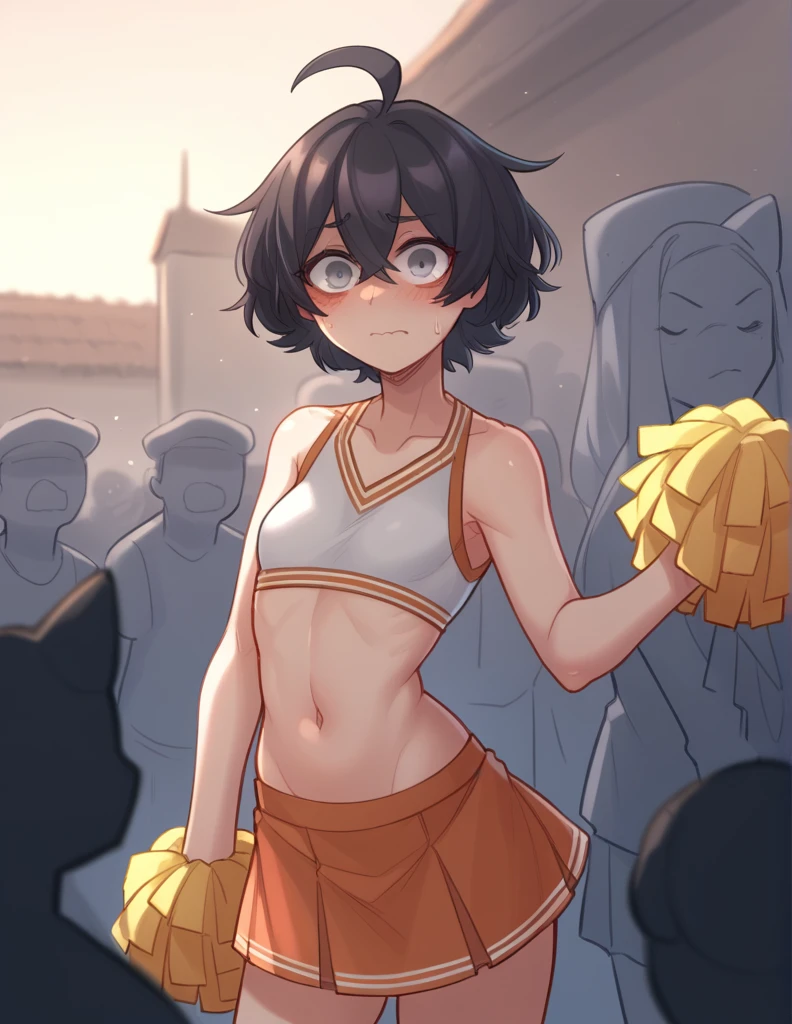 ppka, black fur, short hair, messy fur, Ahoge, parts, parts por todo el cuerpo, grey eyes, blind, looking at the viewer, embarrassed look, 
Ropa de cheerleader (cheerleader) Exposed navel, visible navel handstand, 
crowd watching