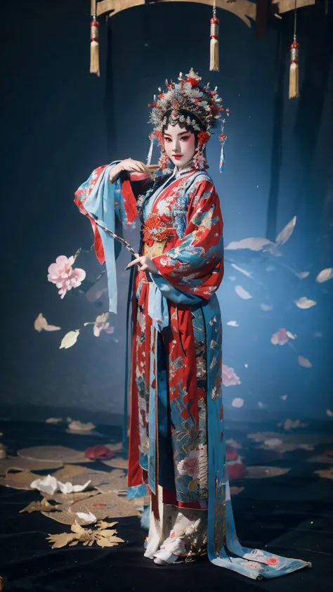 masterpiece, best quality, masterpiece, best quality, 1 girl, flowing costumes，maximum chest，peking opera,qibi