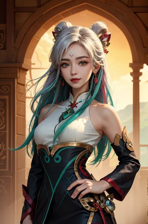 (masterpiece, best quality:1.2), intricate details, mythmaker irelia, 1girl, hair ornament, hair rings, bare shoulders, dress, d...