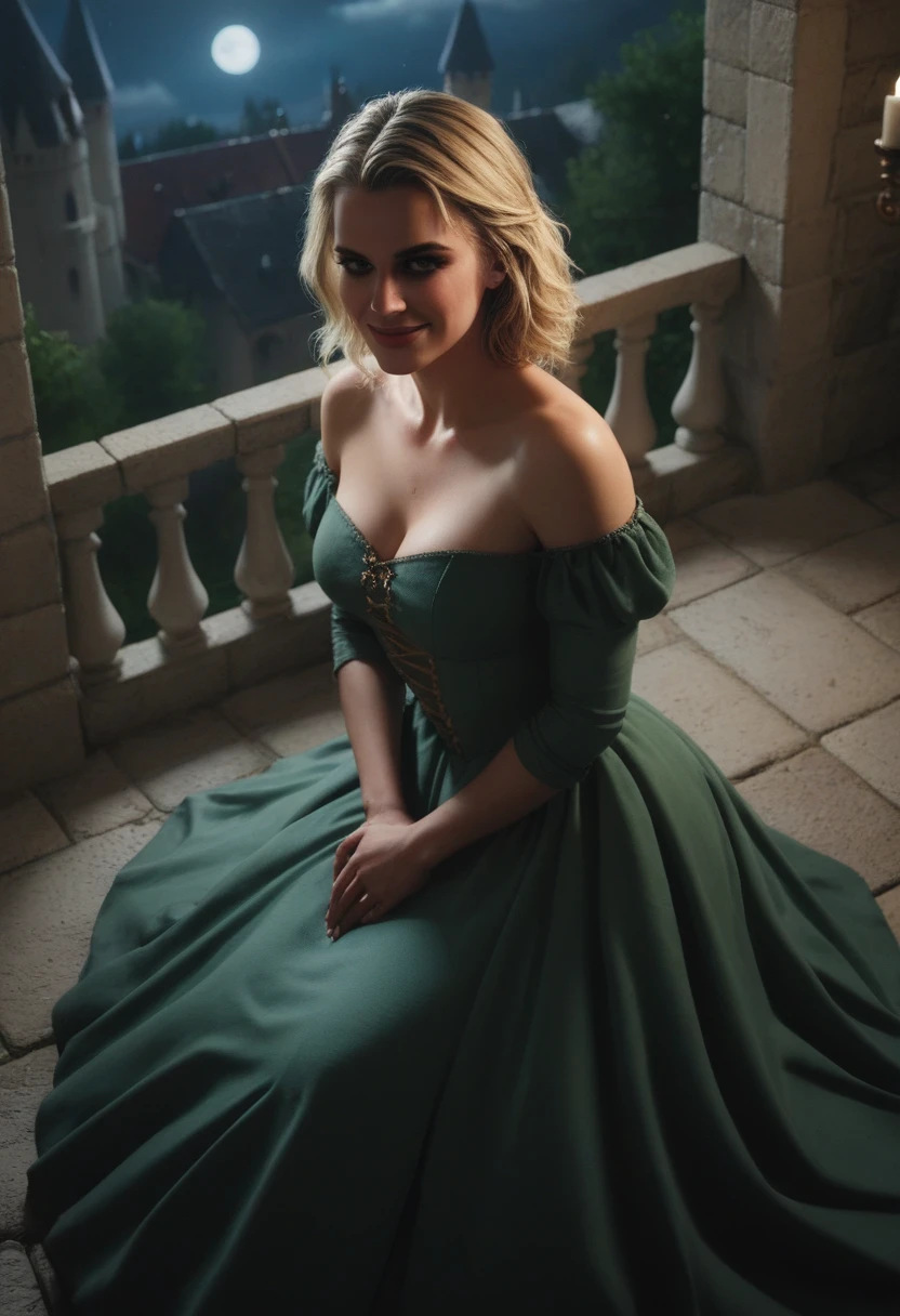 score_9, score_8_above, score_7_above, 1girl, large_breasts, royal_garden, medieval_castle, elegant_green_dress, off_shoulder_dress, (shy_smile:0.9), cute_woman, blonde, long_hair, side view, from_above, night, moonlight, margot robbie
