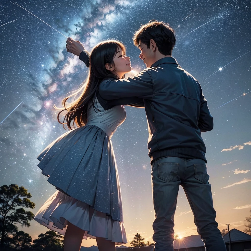 
Mom and Dad looking up at the night sky。Countless stars shine in the night sky、Among them, a shooting star falls towards the earth.。Among the shooting stars、A little star  is smiling。Mom and Dad look up at the sight with expressions of joy and amazement.。