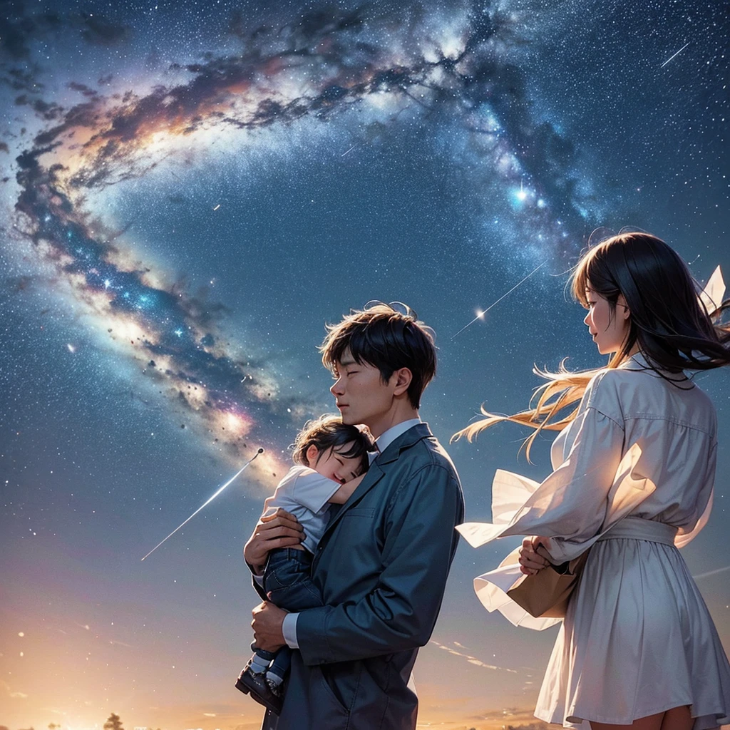 
Mom and Dad looking up at the night sky。Countless stars shine in the night sky、Among them, a shooting star falls towards the earth.。Among the shooting stars、A little star  is smiling。Mom and Dad look up at the sight with expressions of joy and amazement.。