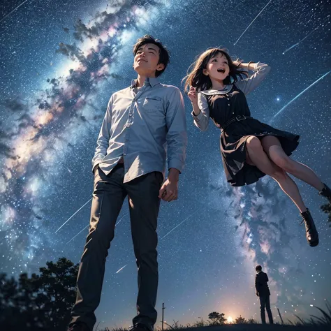 mom and dad looking up at the night sky。countless stars shine in the night sky、among them, a shooting star falls towards the ear...