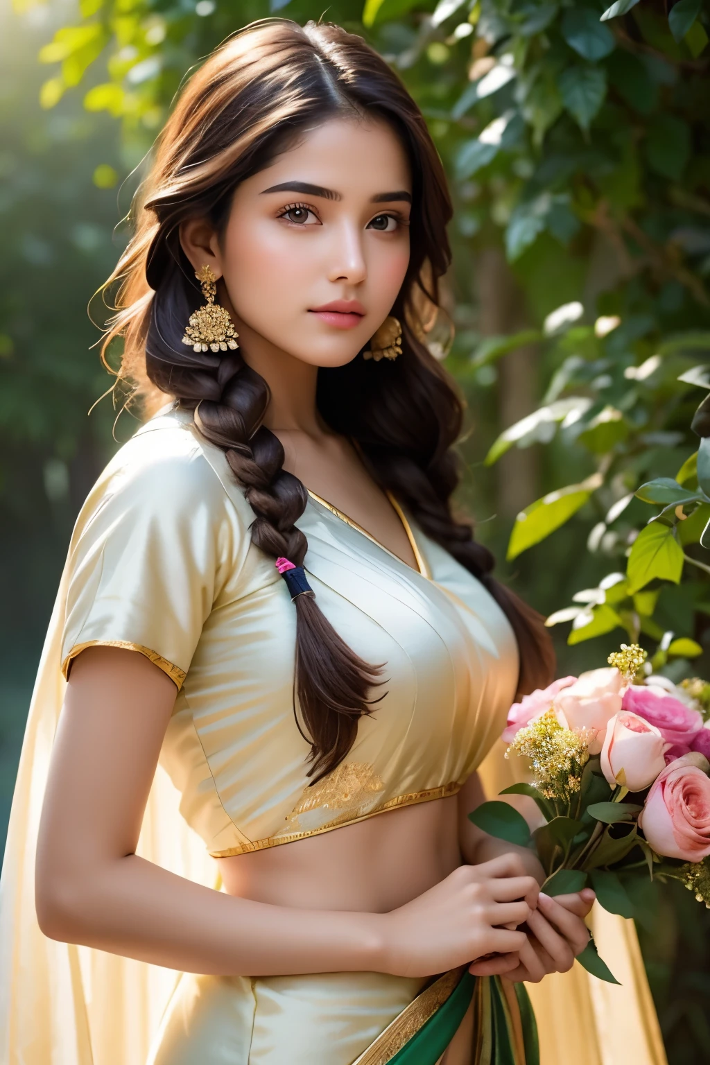 A breathtakingly beautiful and very young South Indian village girl in an extraordinarily detailed and vibrant UHD, 16K resolution, HDR, ray-traced, highly-detailed masterpiece. Her perfect face is framed by iridescent brown hair adorned with twin braids accented by flowers, cascading down to her slim waist. Her eyes are big and dreamy, with an insanely perfect gaze, encircled by shy blushes. They seem to sparkle like jewels, illuminated by the stunning natural light streaming through an atmospheric lens flare. Her perfect, clear skin gleams with a natural sheen, showcasing a porcelain complexion enhanced by flawless makeup. She wears a traditional South Indian silk blouse and half-sare, accentuating her teenage cuteness and delicate features. Her perfect hands and fingers are delicately positioned, holding a bouquet of roses and a single flower stem, adding to the dynamic action of the photo. The intricate illustrations in the background depict lush green agricultural fields, creating an elemental and feature-filled scene that perfectly complements the beauty of the girl. Every detail in the image is rendered with the utmost clarity, from the shiny skin to the perfect lighting and shadows, making it a true masterpiece of photography and art.