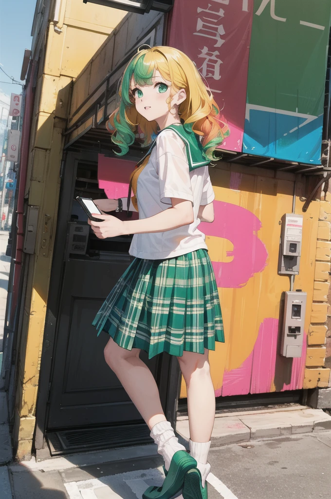 Girl with voluminous hair, emerald green hair and orange inner color, wavy hair, gradient hair, green hair, pink inner color, side braids, wavy hair, two side up, cloud hair, emerald green eyes , high school girl, lively and active, blonde clip, loose socks, plaid skirt, holding a smartphone, on the street, (best) quality, 4K, 8K, high resolution, masterpiece: 1.2), ultra-definition, bright colors, soft lighting