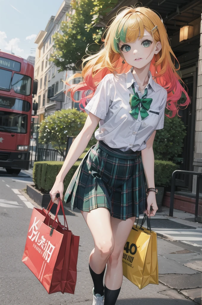 Girl with voluminous hair, emerald green hair and orange inner color, wavy hair, gradient hair, green hair, pink inner color, side braids, wavy hair, two side up, cloud hair, emerald green eyes , high school girl, lively and active, blonde clip, loose socks, plaid skirt, holding a smartphone, on the street, (best) quality, 4K, 8K, high resolution, masterpiece: 1.2), ultra-definition, bright colors, soft lighting