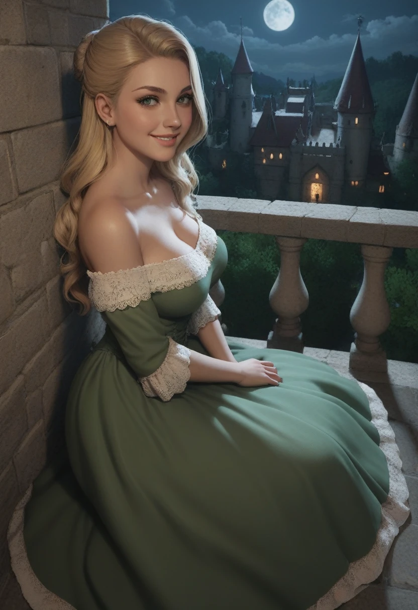 score_9, score_8_above, score_7_above, 1girl, large_breasts, royal_garden, medieval_castle, elegant_green_dress, off_shoulder_dress, evil_smile, cute_woman, blonde, long_hair, side view, from_above, night, moonlight, nonowa