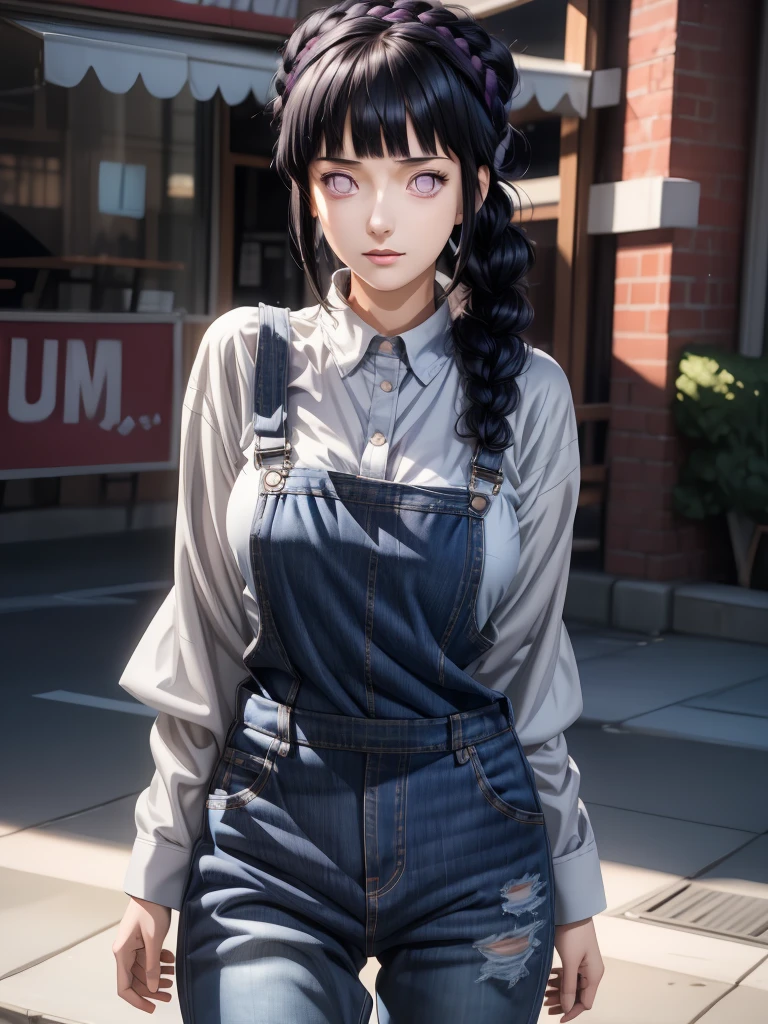 masterpiece, best quality, ultra-detailed, illustration,1girl,
long hair, dark blue hair, french braid, purple eyes, blunt bangs, 
shirt, (denim overalls:1.1),
medium breast,  
looking at viewer, hinata\(shippuden\) strit sesoncity ,cyber punk ,jumpink standing up ,reality , realism ,realistic ,detail beground sesoncity strit