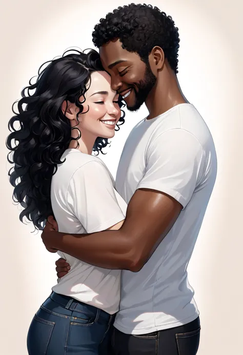 In a neutral and colorless environment, a black man with loose black curly hair, wearing a white t-shirt and dark jeans, affecti...