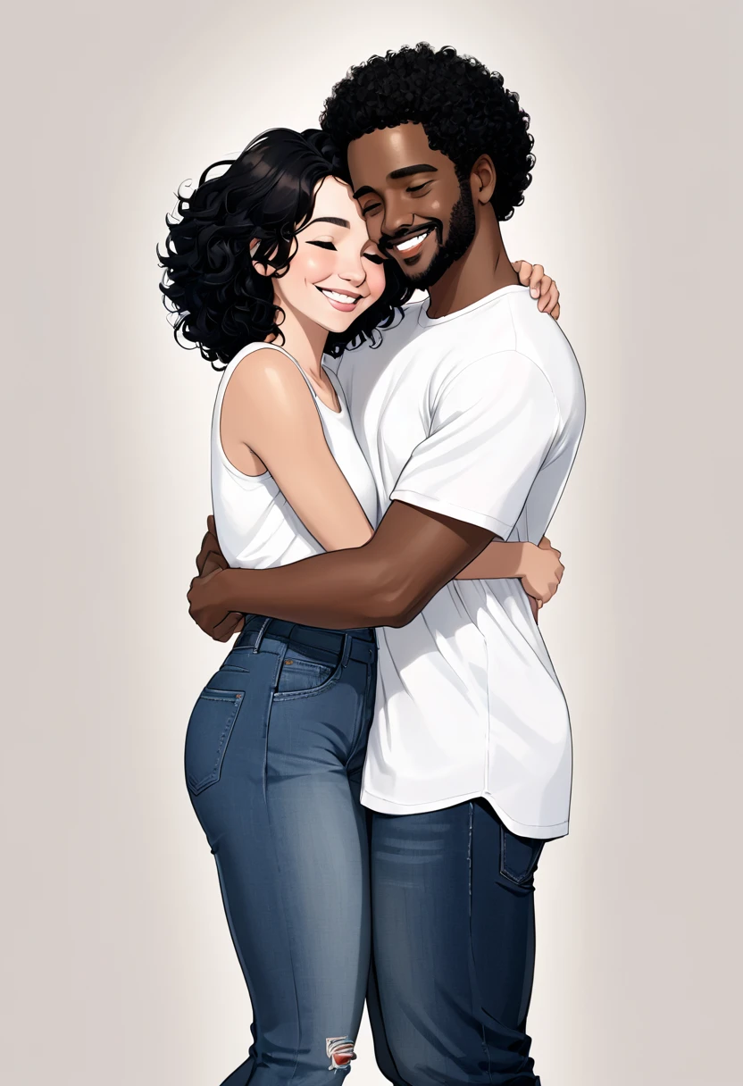 In a neutral and colorless environment, a black man with loose black curly hair, wearing a white t-shirt and dark jeans, affectionately hugs a white woman with loose black hair. They exchange tender smiles, expressing comfort and mutual connection, while the neutral background highlights the intimacy of the moment