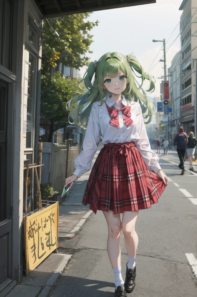 Volume hair, soft hair, emerald green hair and pink inner color, wavy hair, gradation hair, green hair, side braids, wavy hair, two side up, cloud hair, emerald green eyes, high school girl, Cheerful and active, blonde clip, loose socks, plaid skirt, holding smartphone, on the street, (best) quality, 4K, 8K, high resolution, masterpiece: 1.2), ultra-definition, bright colors, soft lighting