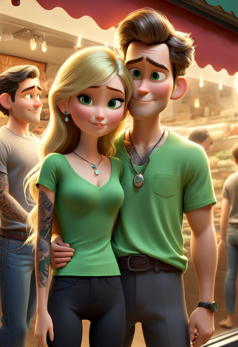 pixar mom,  a close-up depicts a young couple standing shoulder to shoulder in front of a store window. The man on the left side of the frame is wearing a gray T-shirt and black pants. His arm is decorated with a black tattoo, while his hand is in his pocket. The woman, on the right side of the frame, is dressed in a green suit with straps holding up a white T-shirt. Her long blonde hair falls down her back and she wears a necklace around her neck. A s