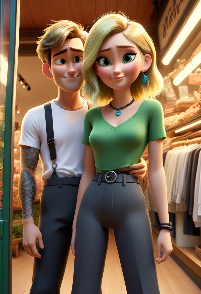 pixar mom,  a close-up depicts a young couple standing shoulder to shoulder in front of a store window. The man on the left side of the frame is wearing a gray T-shirt and black pants. His arm is decorated with a black tattoo, while his hand is in his pocket. The woman, on the right side of the frame, is dressed in a green suit with straps holding up a white T-shirt. Her long blonde hair falls down her back and she wears a necklace around her neck. A s